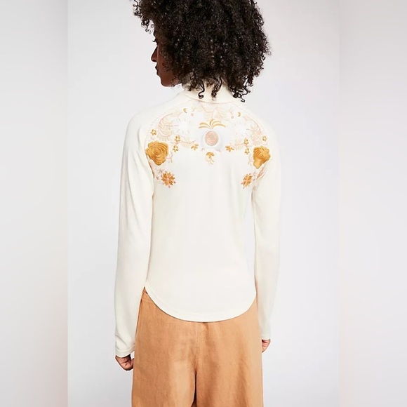 Free People Embroidered Ivory Long Sleeve Tee with Mock Turtleneck. Size XS - Picture 6 of 12